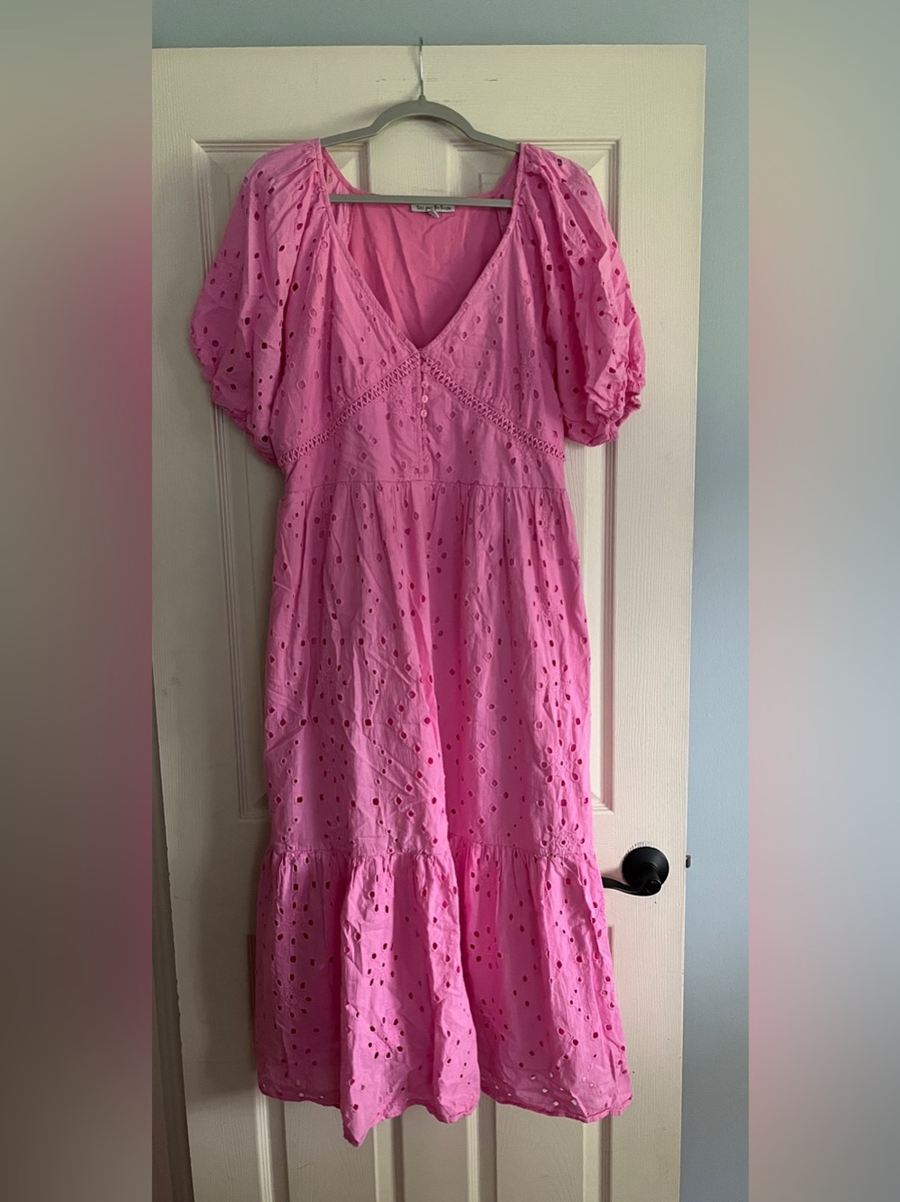 See And Be Seen Pink Eyelet Dress Cotton Barbie Puff Sleeve Midi L Prairie Lace